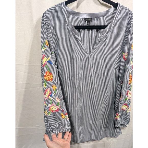 Talbot's Women's Striped Embroidered Floral Blouse Sz 1X Cotton Popover Boho - Picture 2 of 7